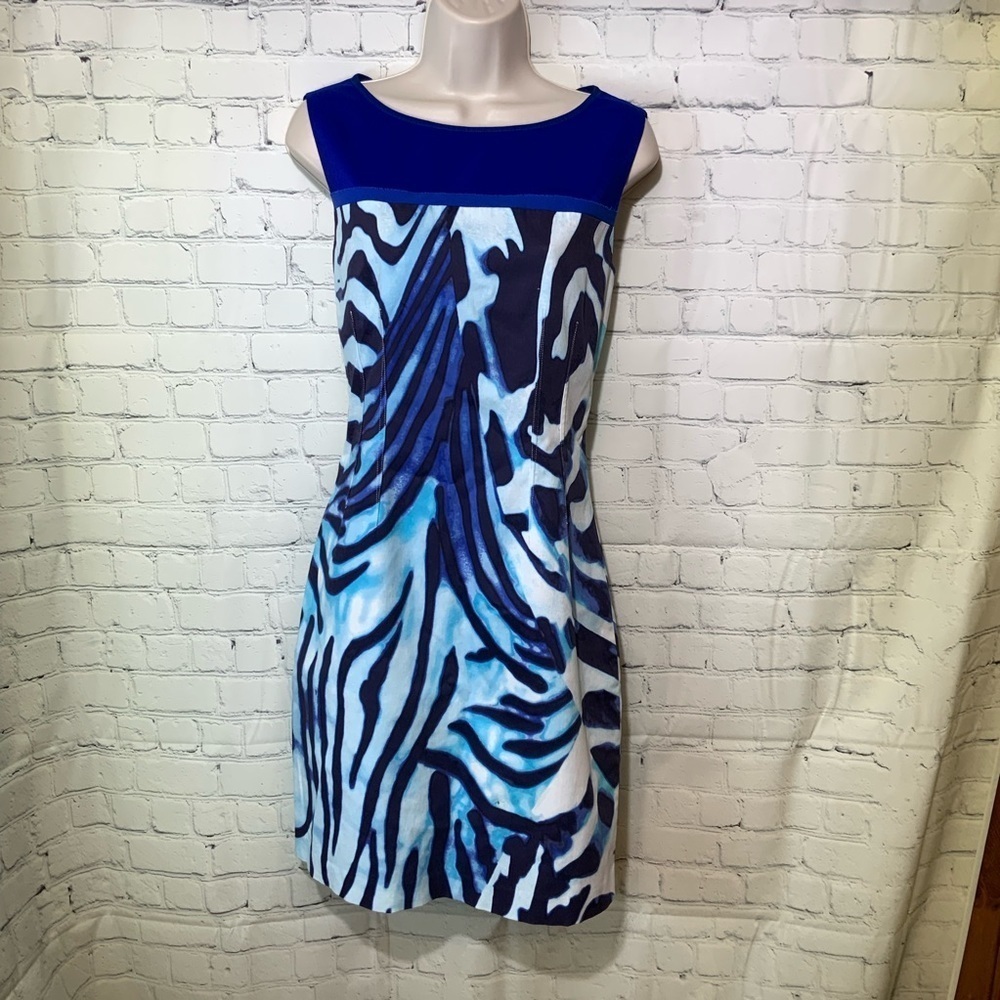 Tahari Cobalt Blue Zebra Like Print Dress with Neon Zipper Size 8